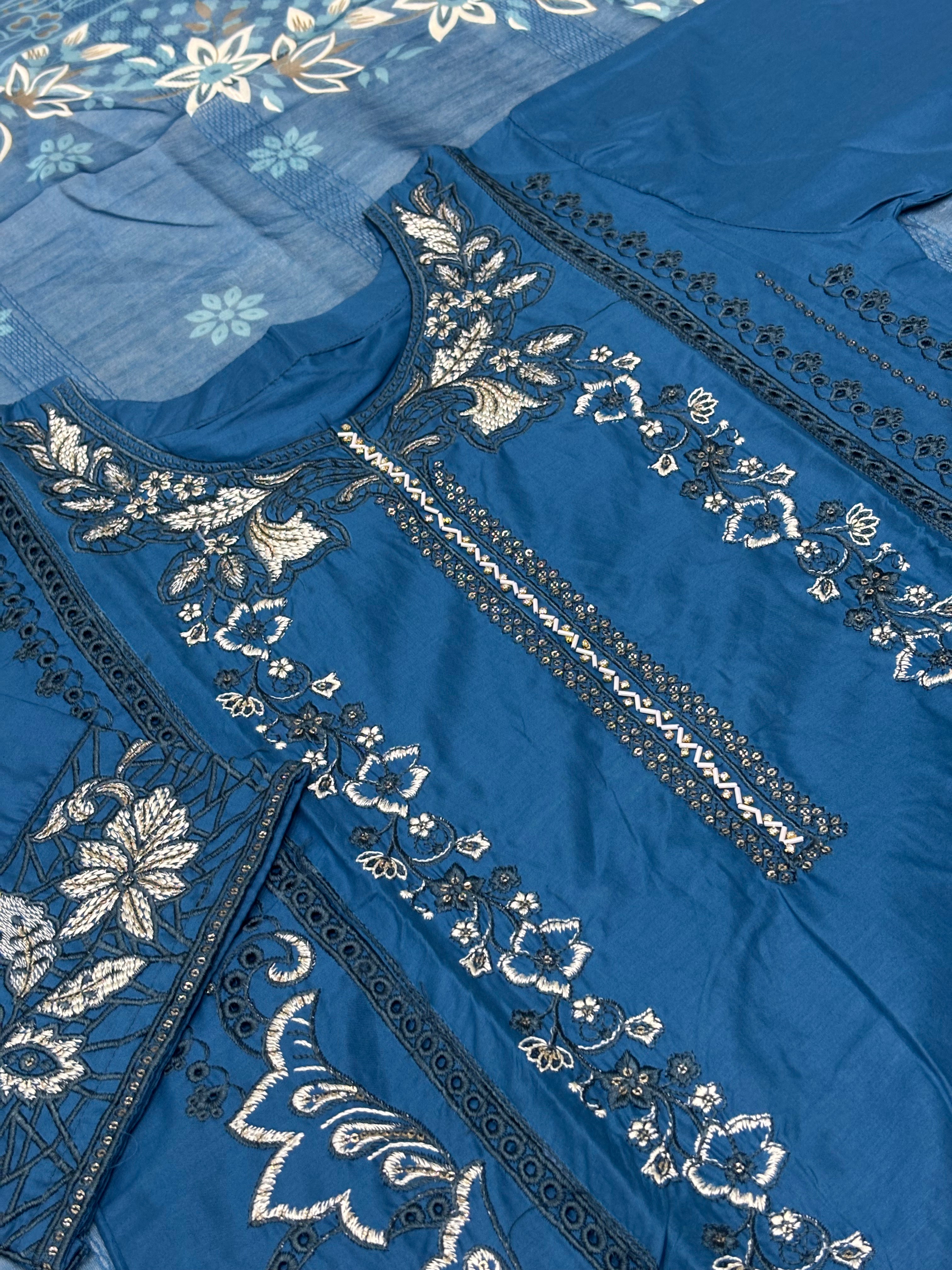 LOOGDI Teal Floral Embroidered 3-Piece Suit
