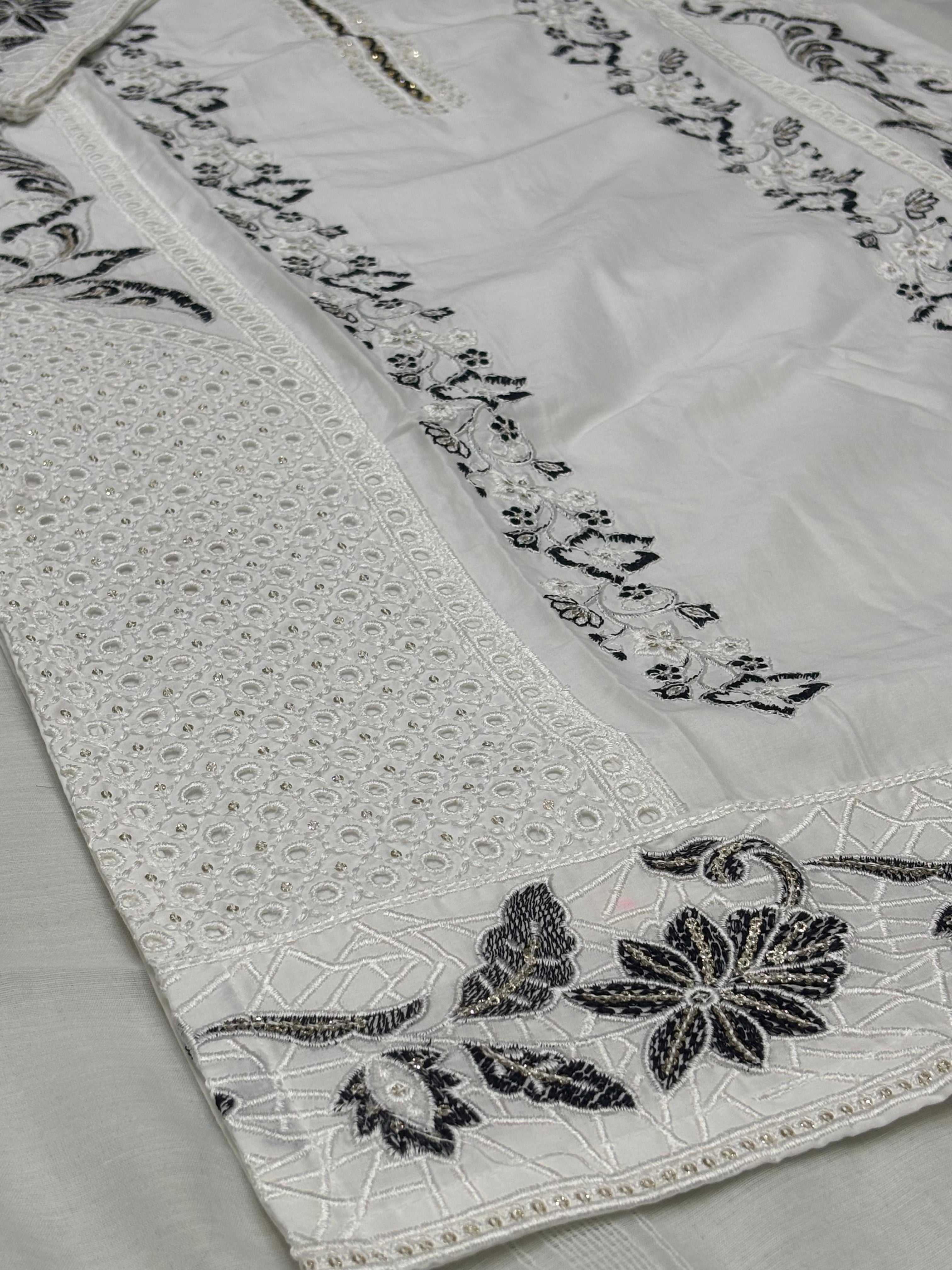 LOOGDI White Black Floral Embroidered 3-Piece Suit