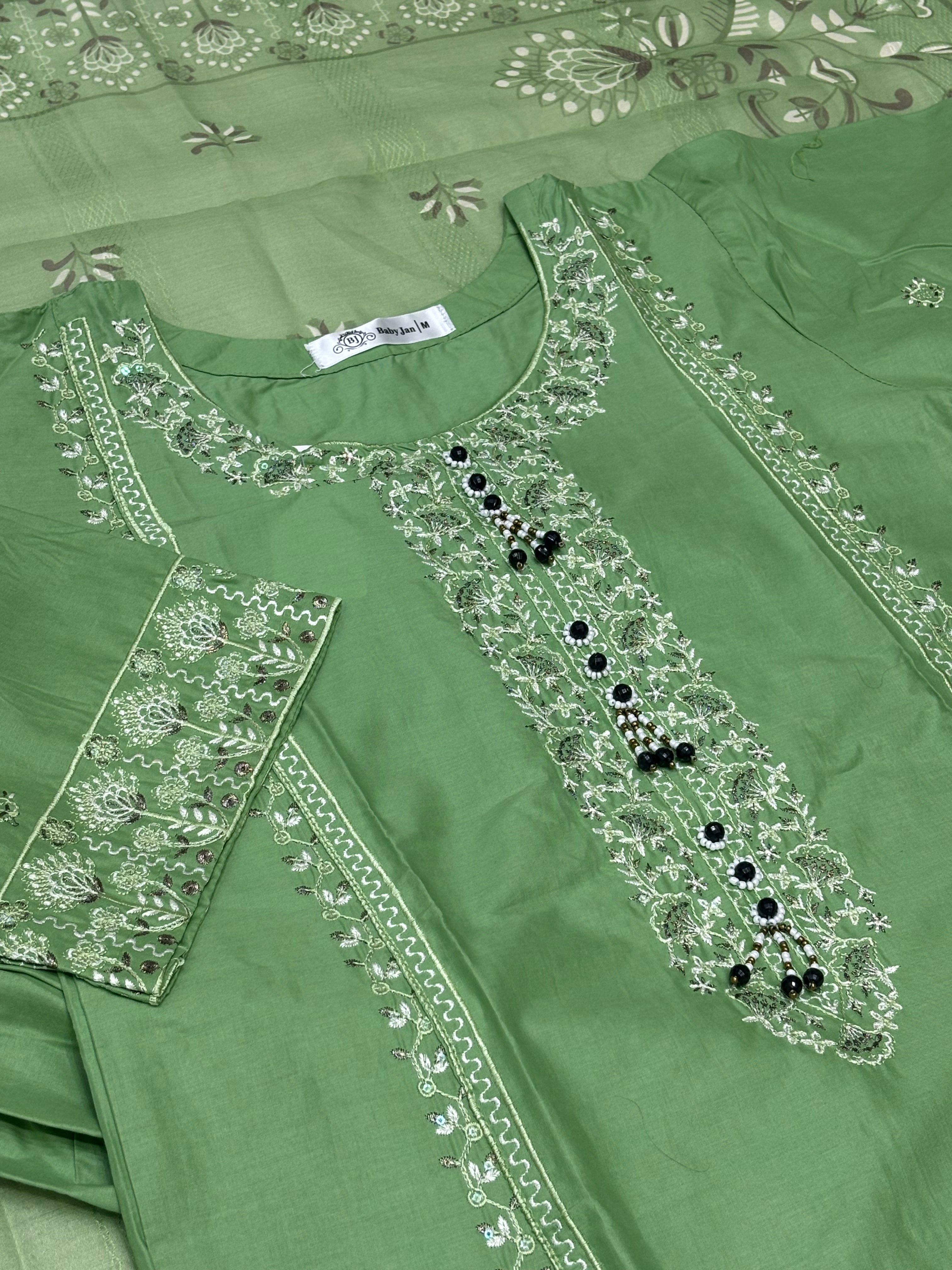 LOOGDI Mint Green Chikankari Embroidered 3-Piece Suit