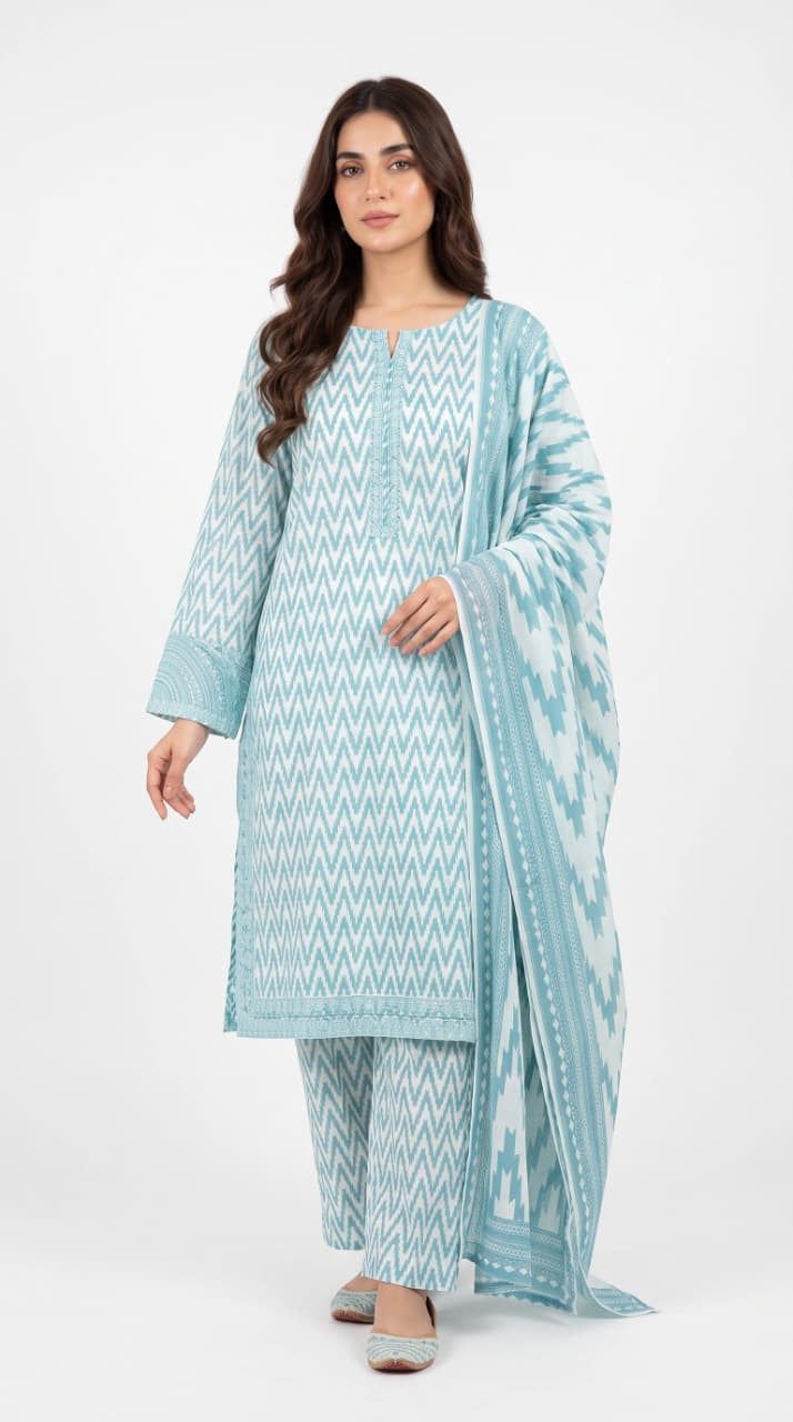 LOOGDI Sky Blue Chevron Print 3-Piece Shalwar Kameez