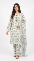LOOGDI Sage Green Floral Print 3-Piece Shalwar Kameez