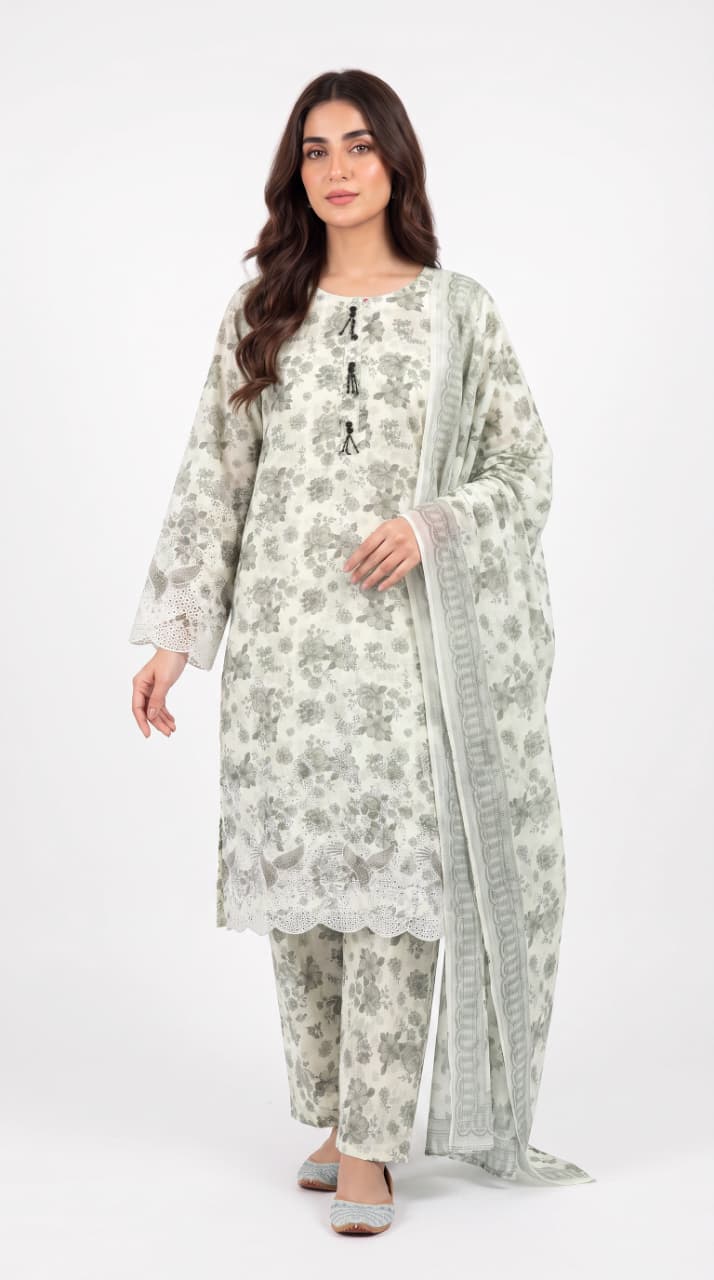 LOOGDI Sage Green Floral Print 3-Piece Shalwar Kameez