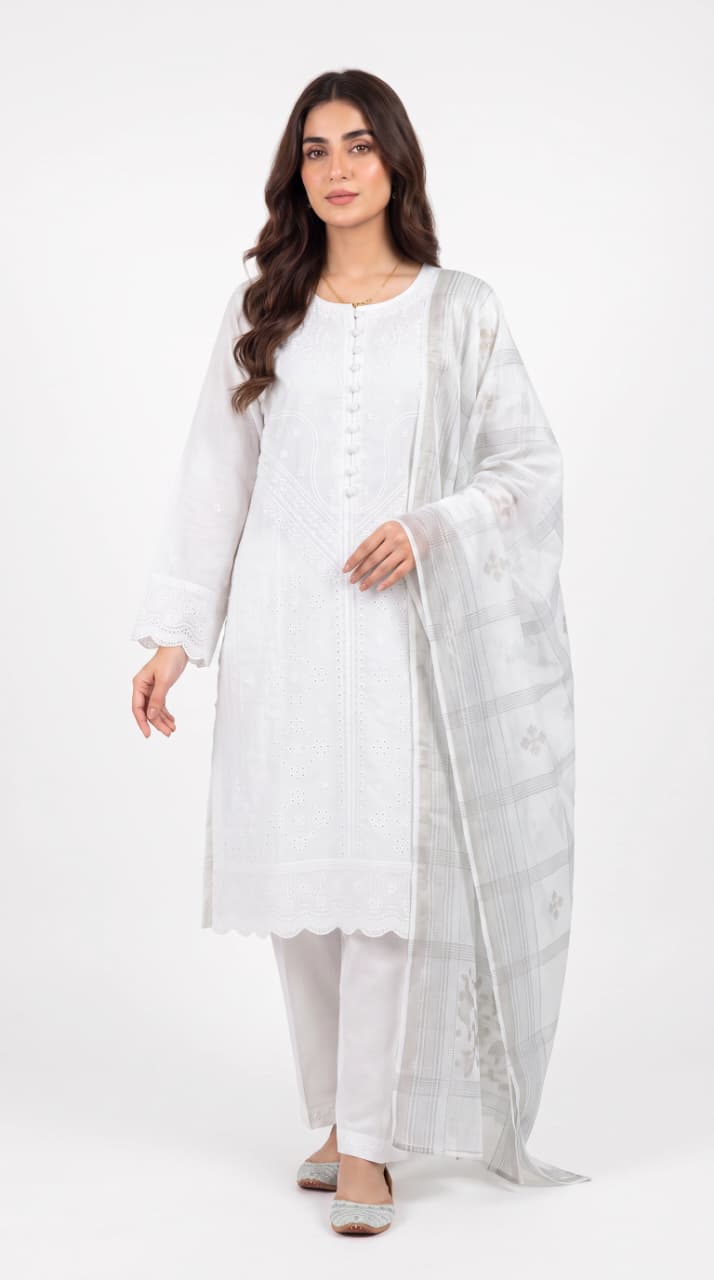 LOOGDI White 3-Piece Shalwar Kameez
