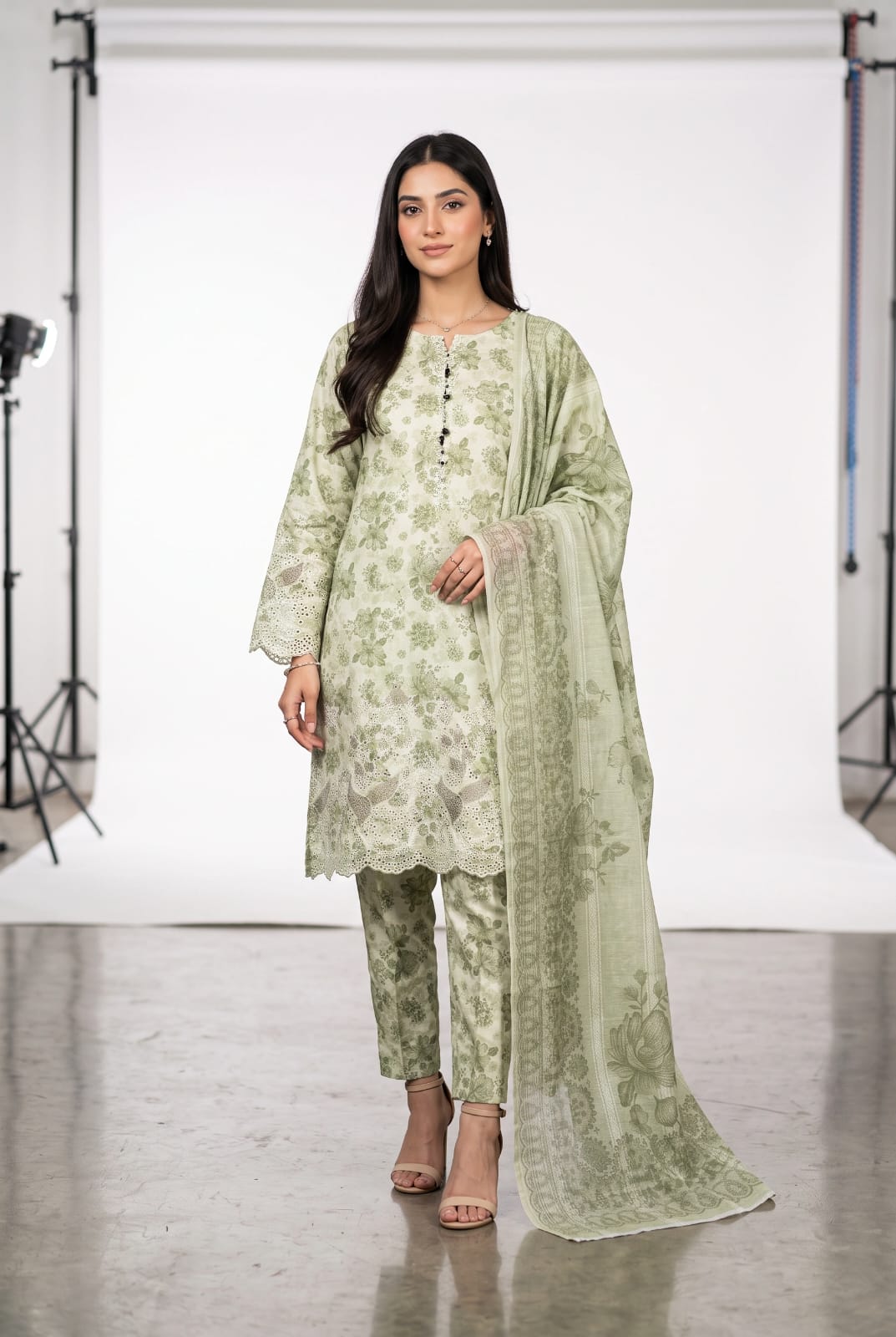 LOOGDI Mint Green Floral Print 3-Piece Shalwar Kameez