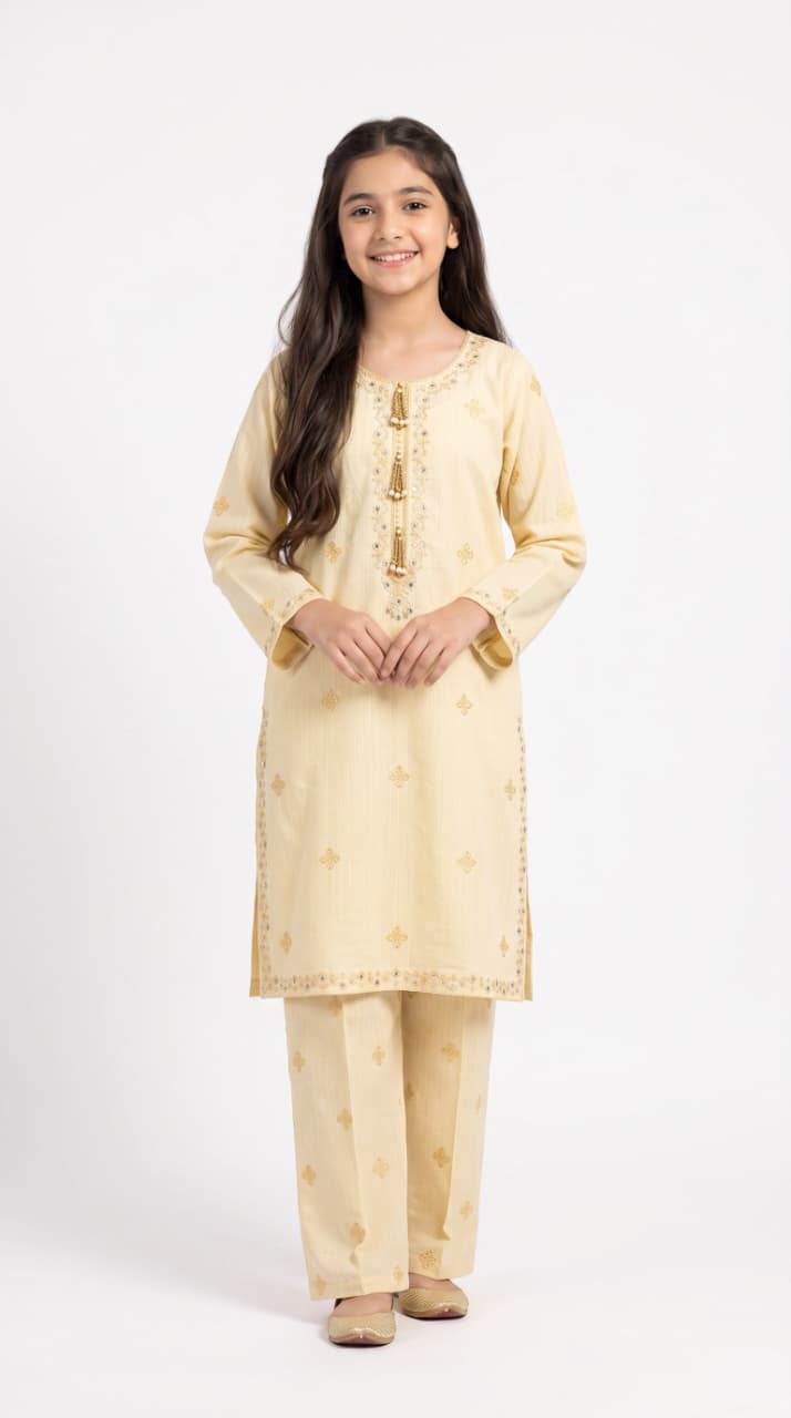 LOOGDI Girls Light Yellow Floral 3-Piece Shalwar Kameez