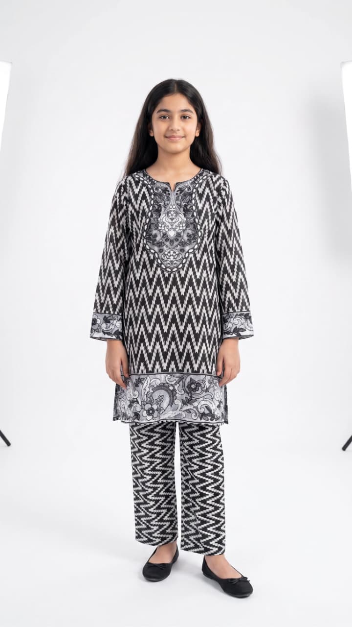 LOOGDI Girls Black Zigzag Print 3-Piece Shalwar Kameez