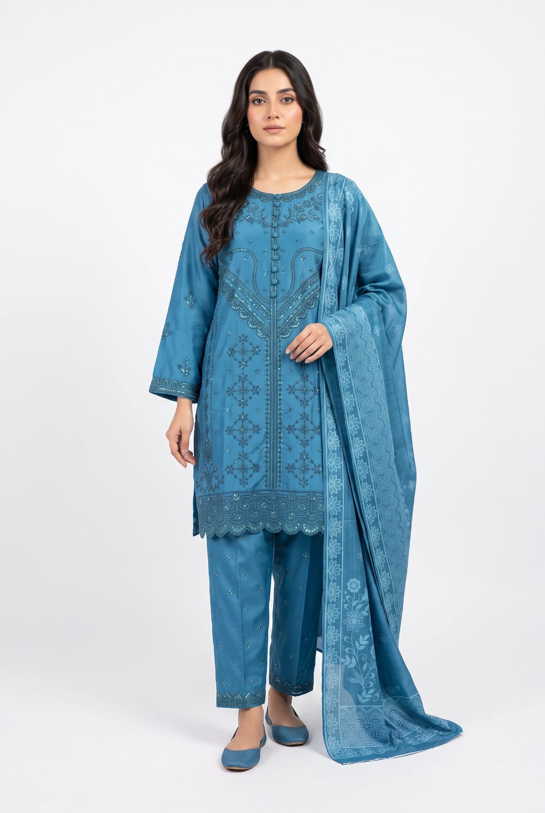 Teal embroidered 3-piece suit with dupatta