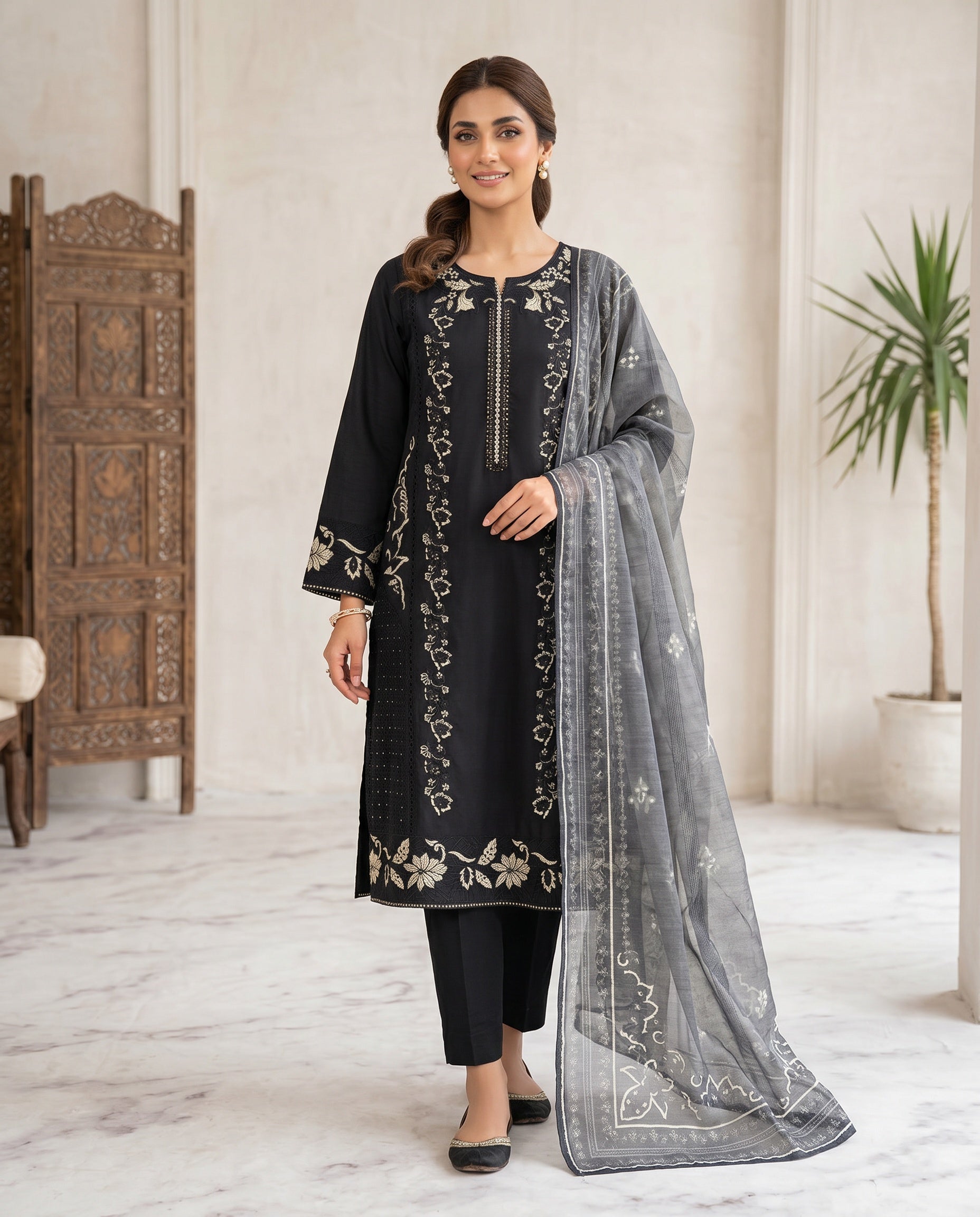LOOGDI Black Gold Floral Embroidered 3-Piece Suit