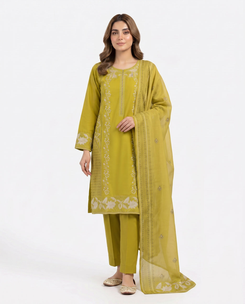 LOOGDI Chartreuse Printed Embroidered 3-Piece Suit