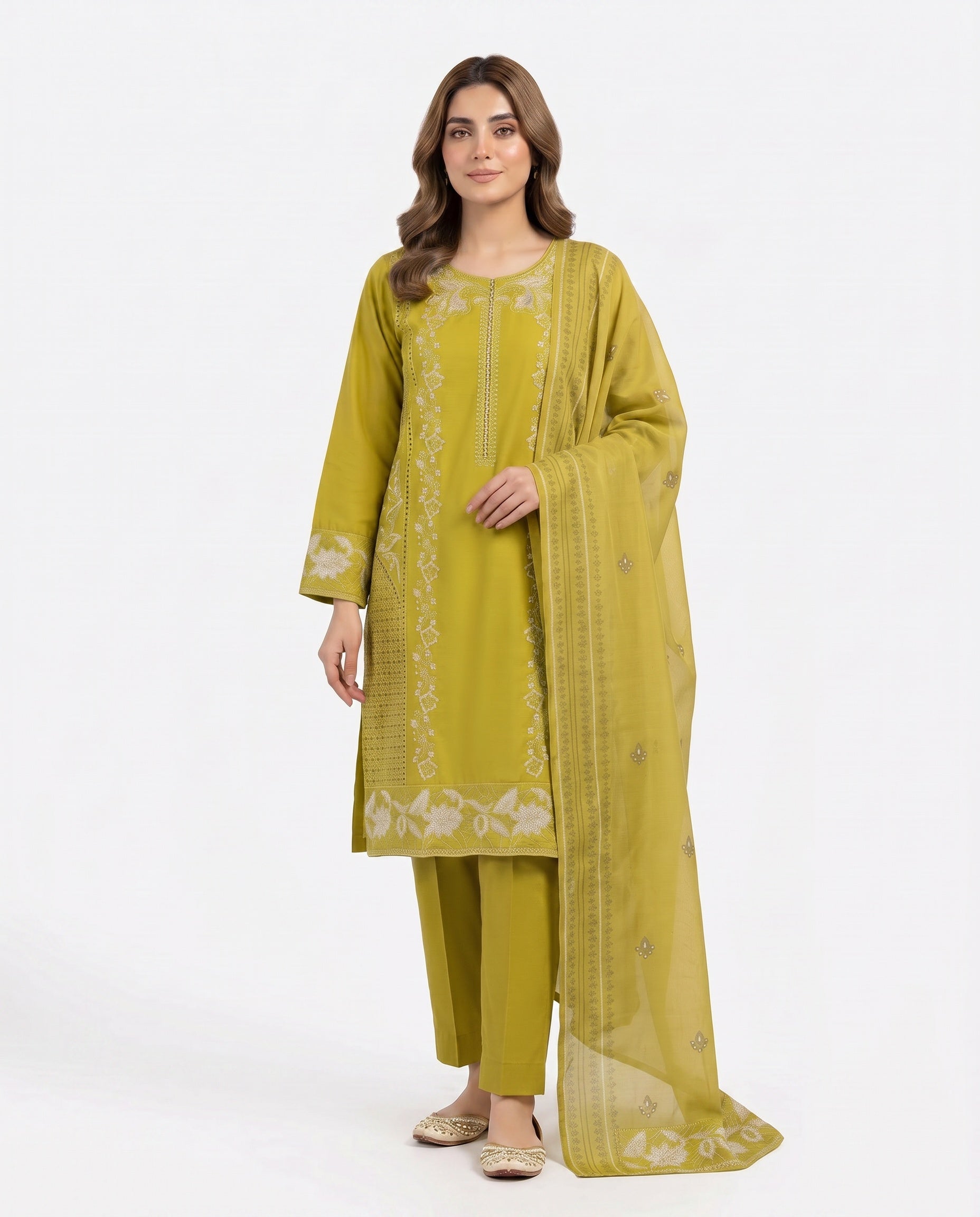 LOOGDI Chartreuse Printed Embroidered 3-Piece Suit