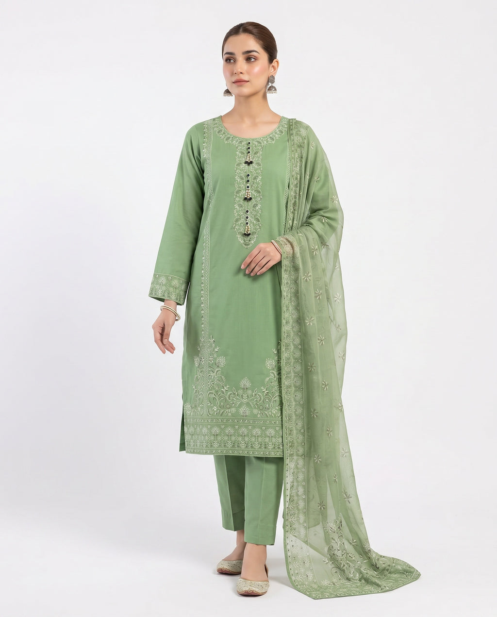 LOOGDI Mint Green Chikankari Embroidered 3-Piece Suit