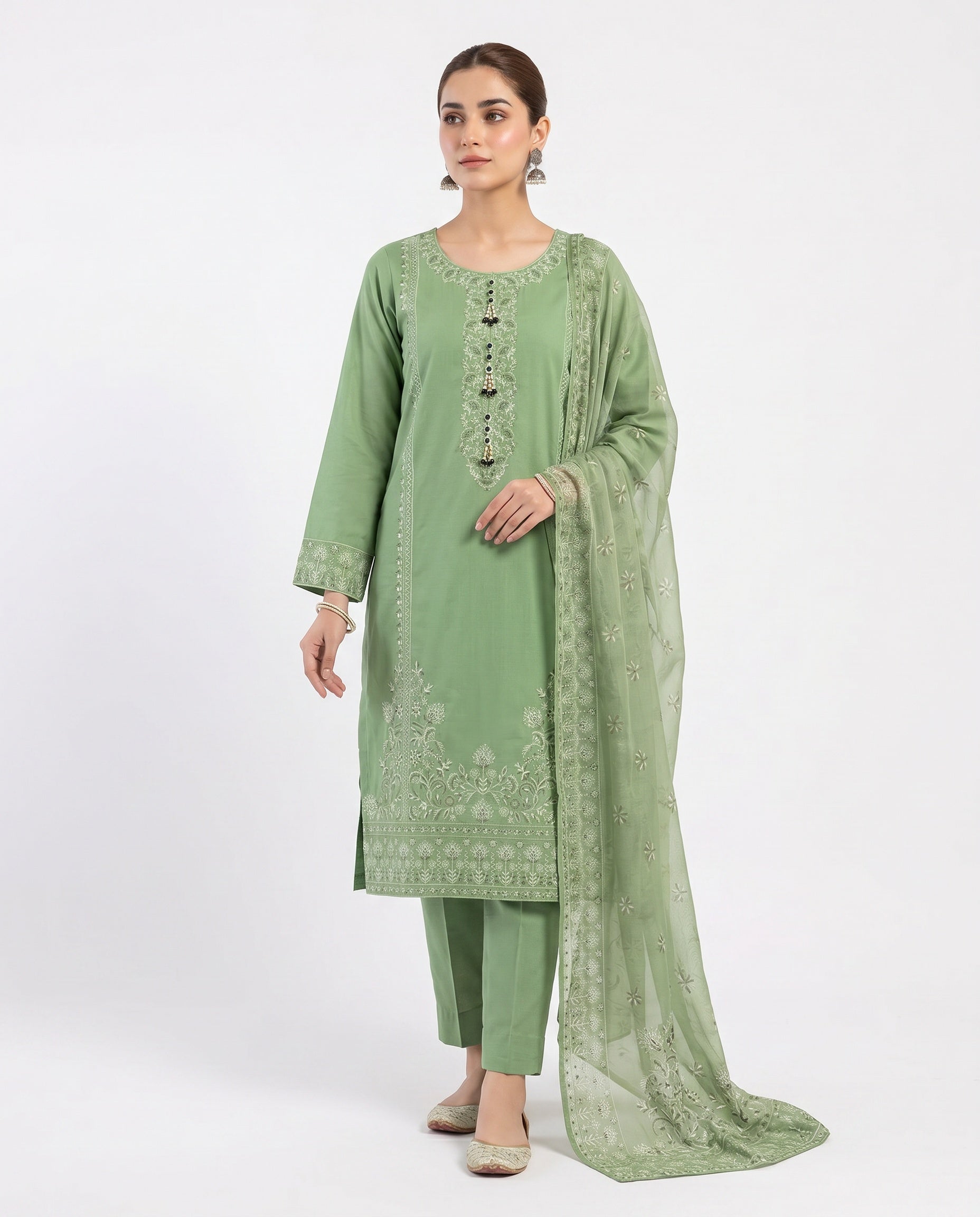 LOOGDI Mint Green Chikankari Embroidered 3-Piece Suit