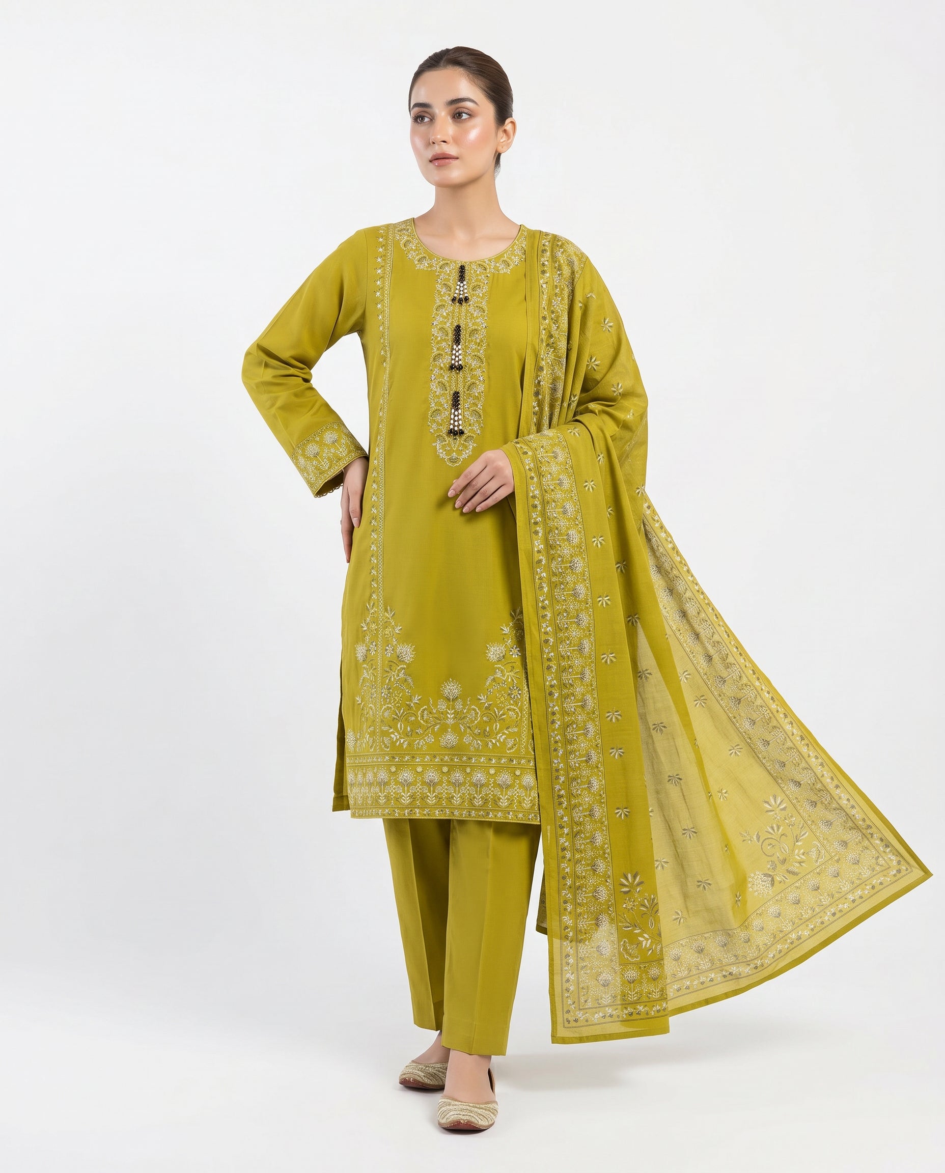 LOOGDI Olive Green Embroidered 3-Piece Suit