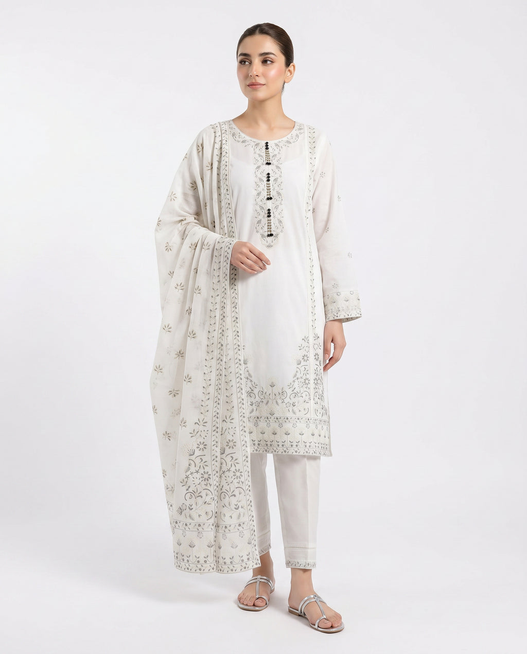 LOOGDI White Floral Embroidered 3-Piece Suit