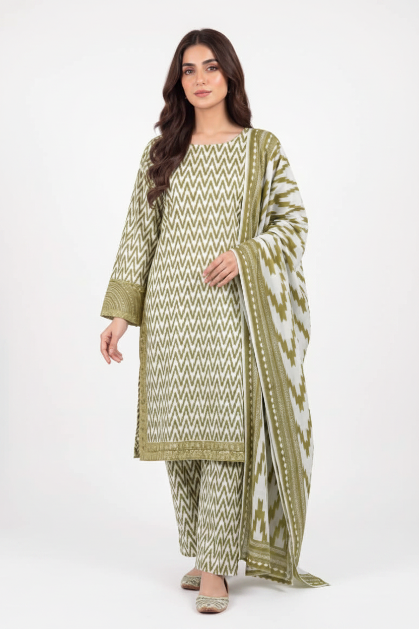 Olive Green Ikat Print 3-Piece Suits